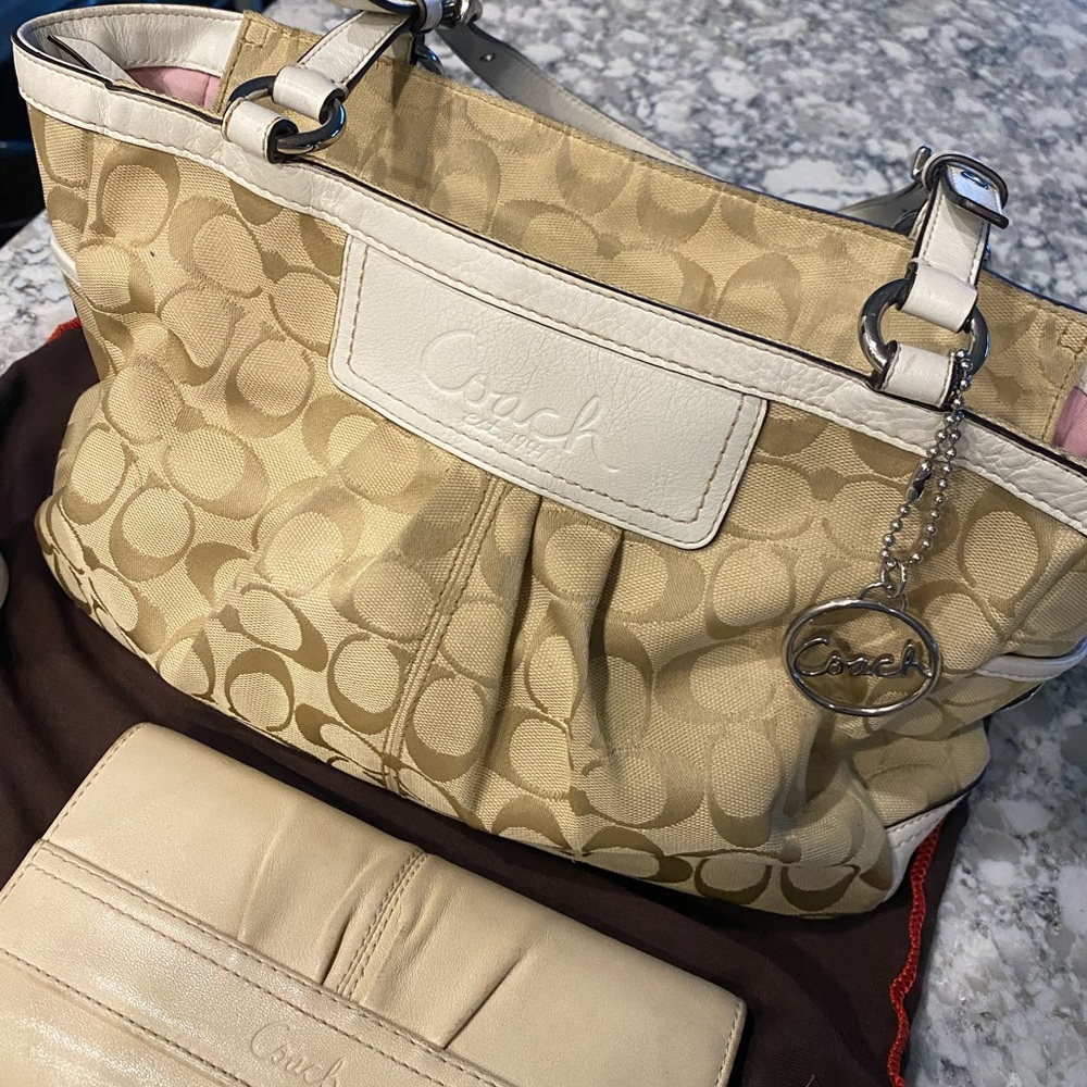 Coach canvas shoulder bag, wallet, & cleaner